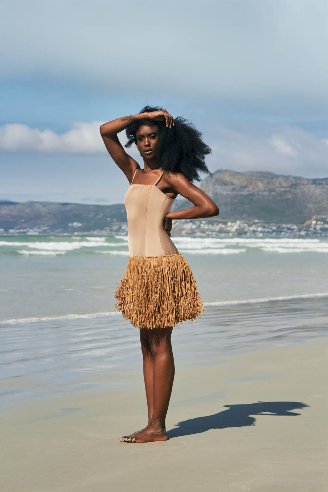 Zuri — Champagne Satin Dress with Raffia Skirt