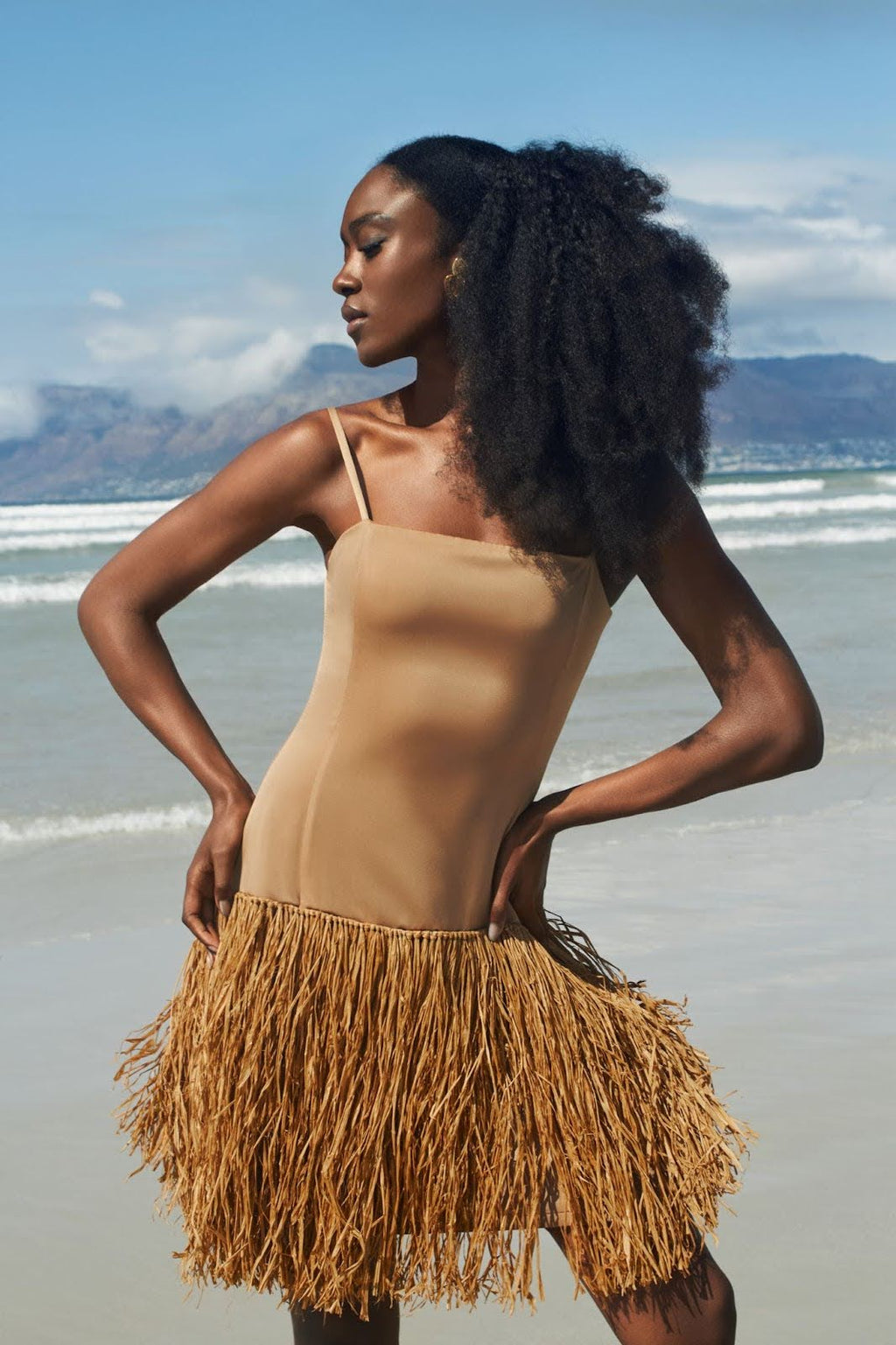 Zuri — Champagne Satin Dress with Raffia Skirt
