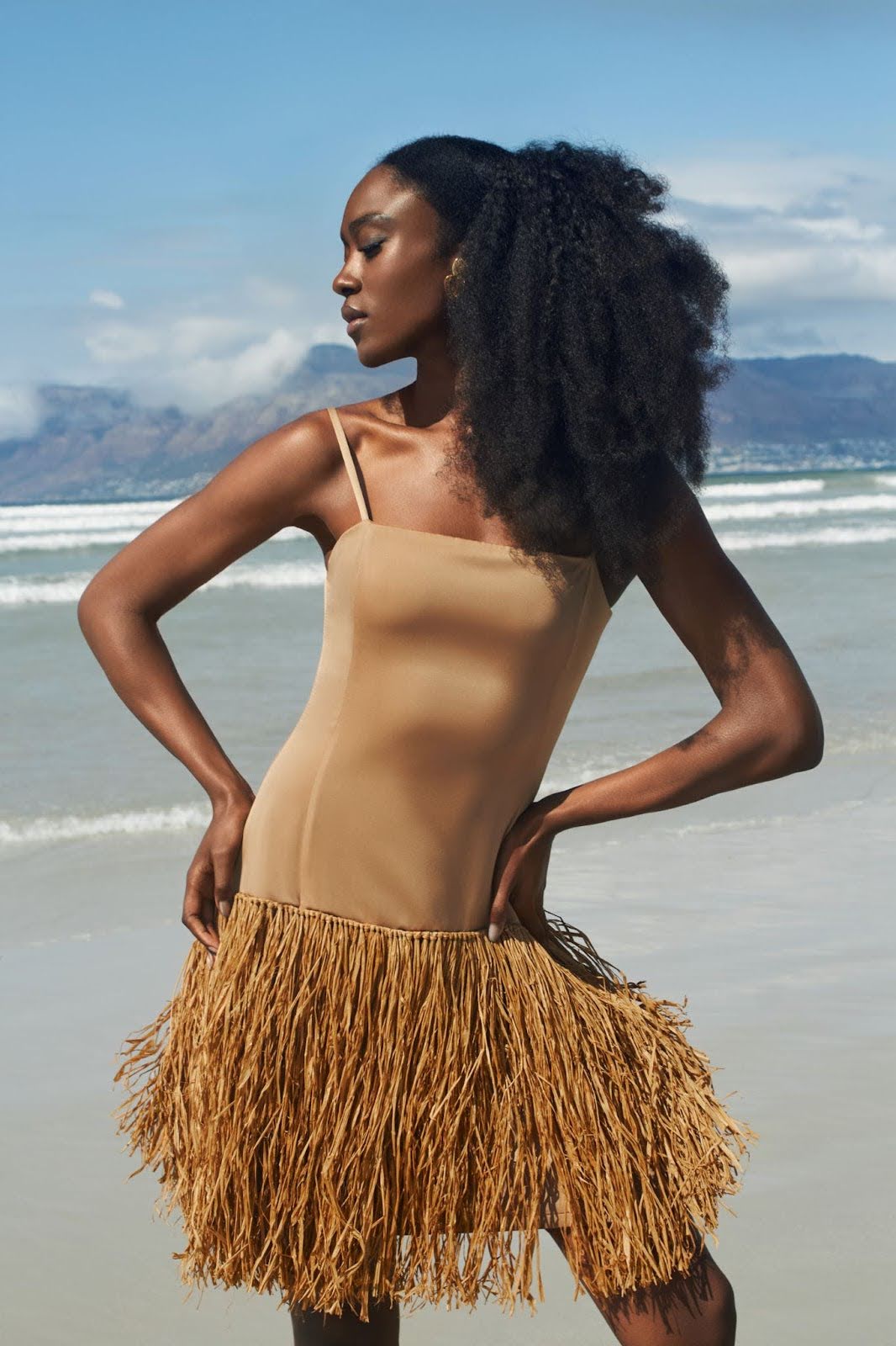 Zuri — Champagne Satin Dress with Raffia Skirt